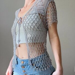 Vintage Style Gray Rhinestone Embellished Crochet Fishnet Front Tie Cardi